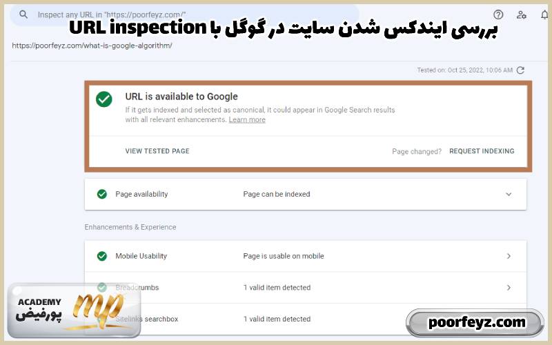 URL inspection بررسی ایندکس شدن سایت در گوگل با استفاده از در